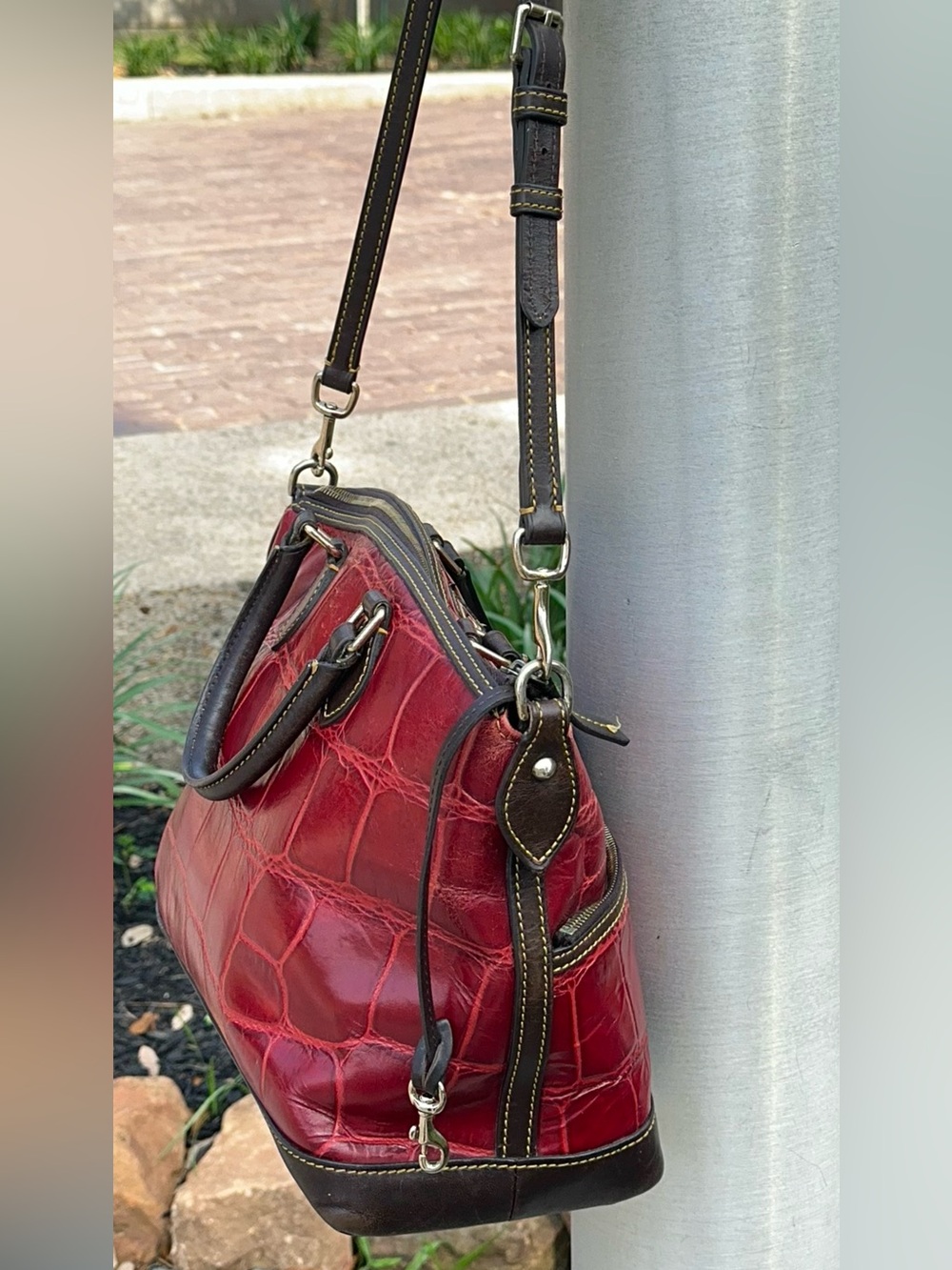 Dooney & Bourke Dillen Croco Satchel – Cranberry Red | Double Front Pockets - Picture 6 of 15